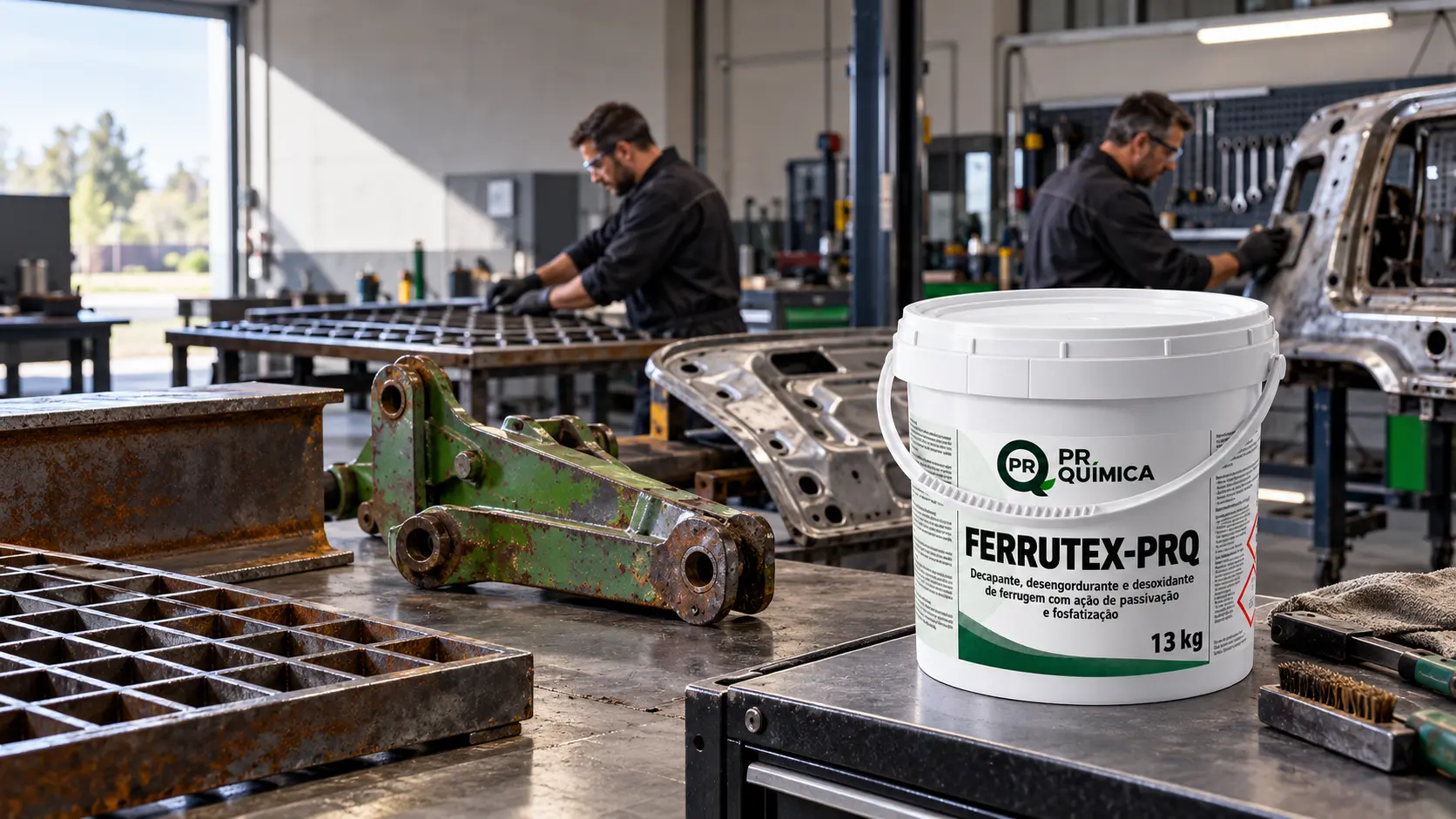 Ilustração da preparação de uma superfície metálica ferrosa com FERRUTEX-PRQ